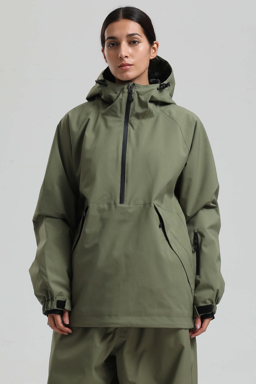 Women's Khaki Minimalist Half-Zip Waterproof Insulated Snow Anorak