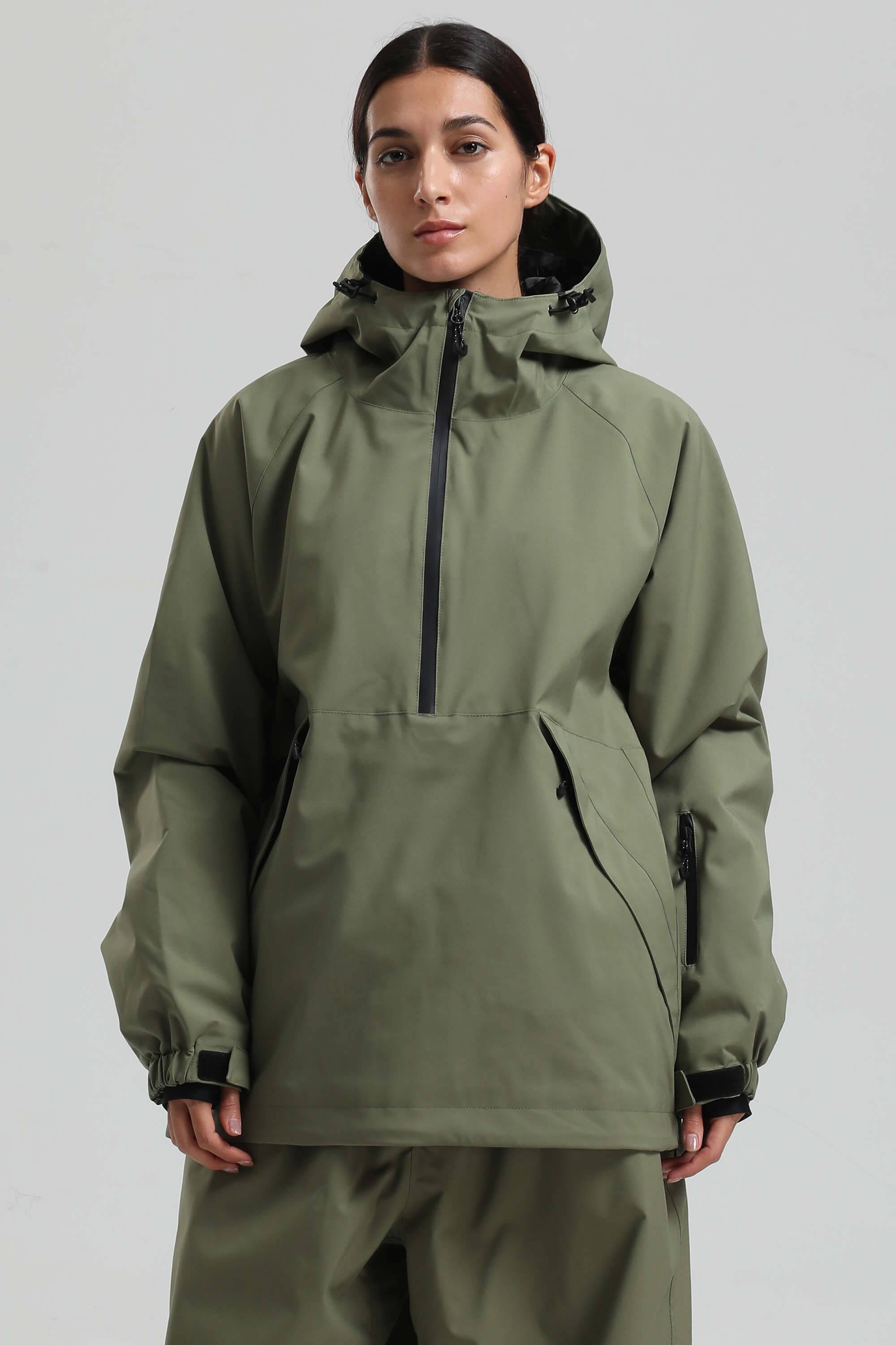 Women's Khaki Minimalist Half-Zip Waterproof Insulated Snow Anorak