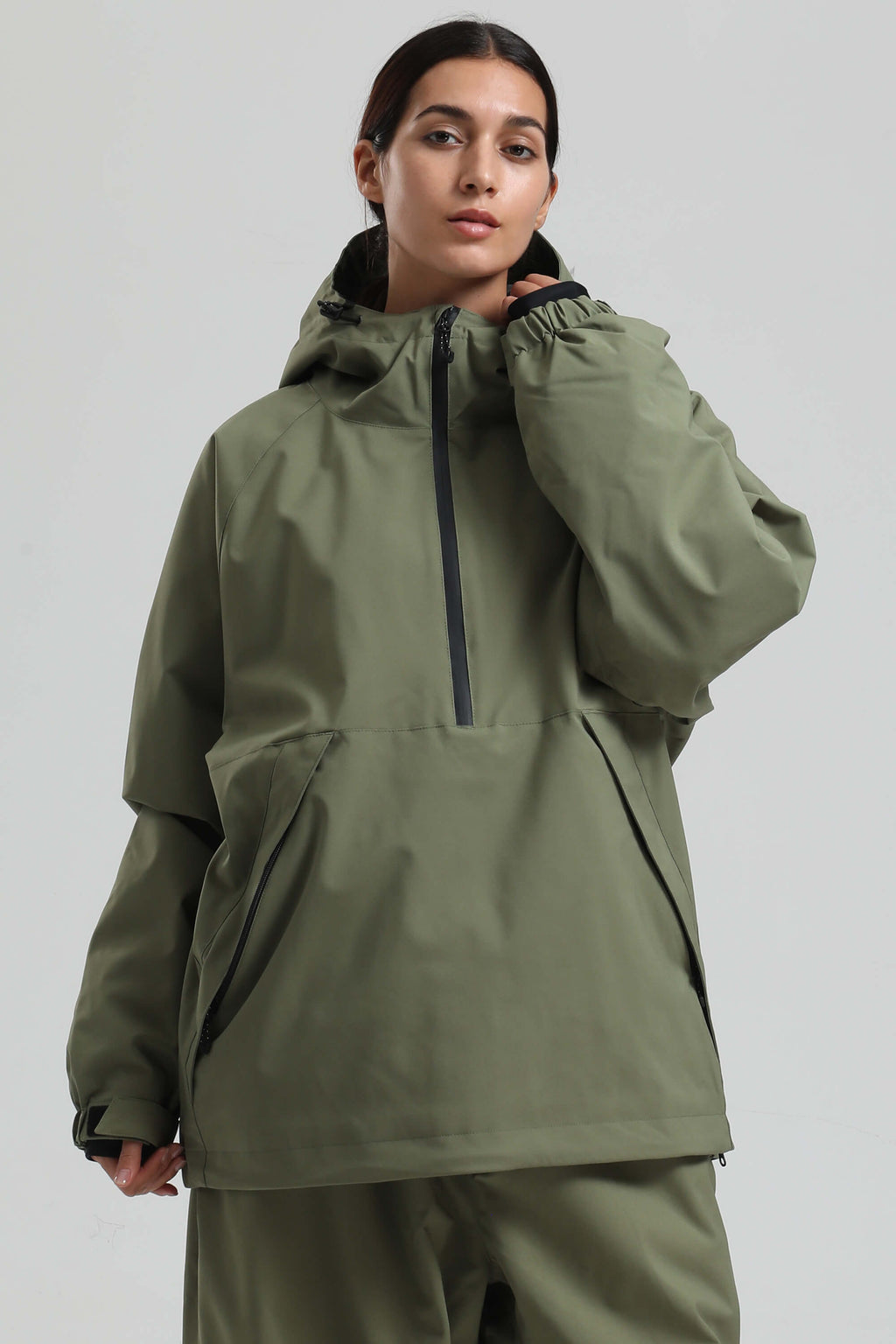 Women's Khaki Minimalist Half-Zip Waterproof Insulated Snow Anorak