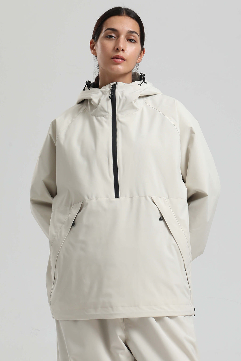 Women's Khaki Minimalist Half-Zip Waterproof Insulated Snow Anorak
