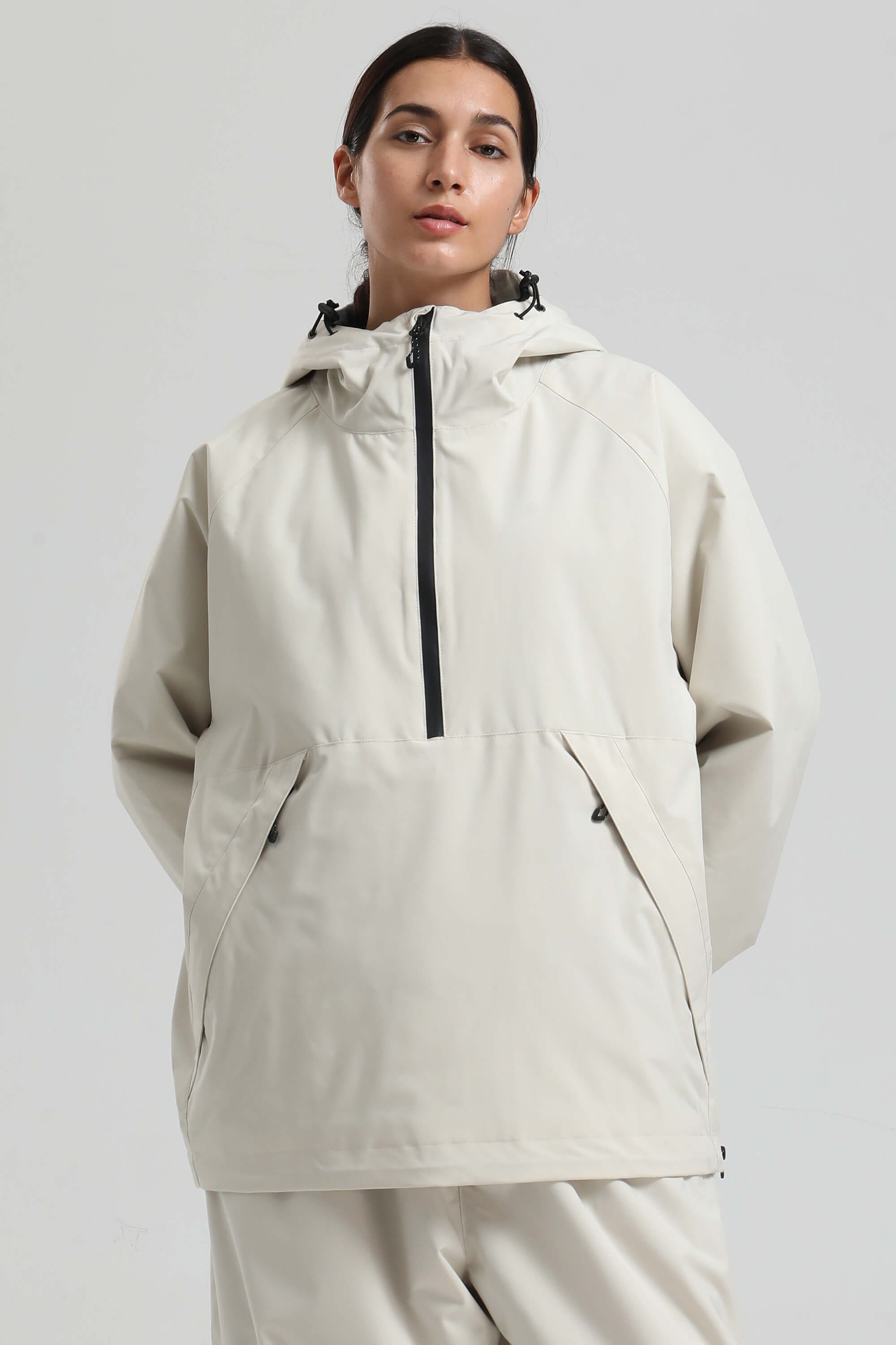 Women's Khaki Minimalist Half-Zip Waterproof Insulated Snow Anorak