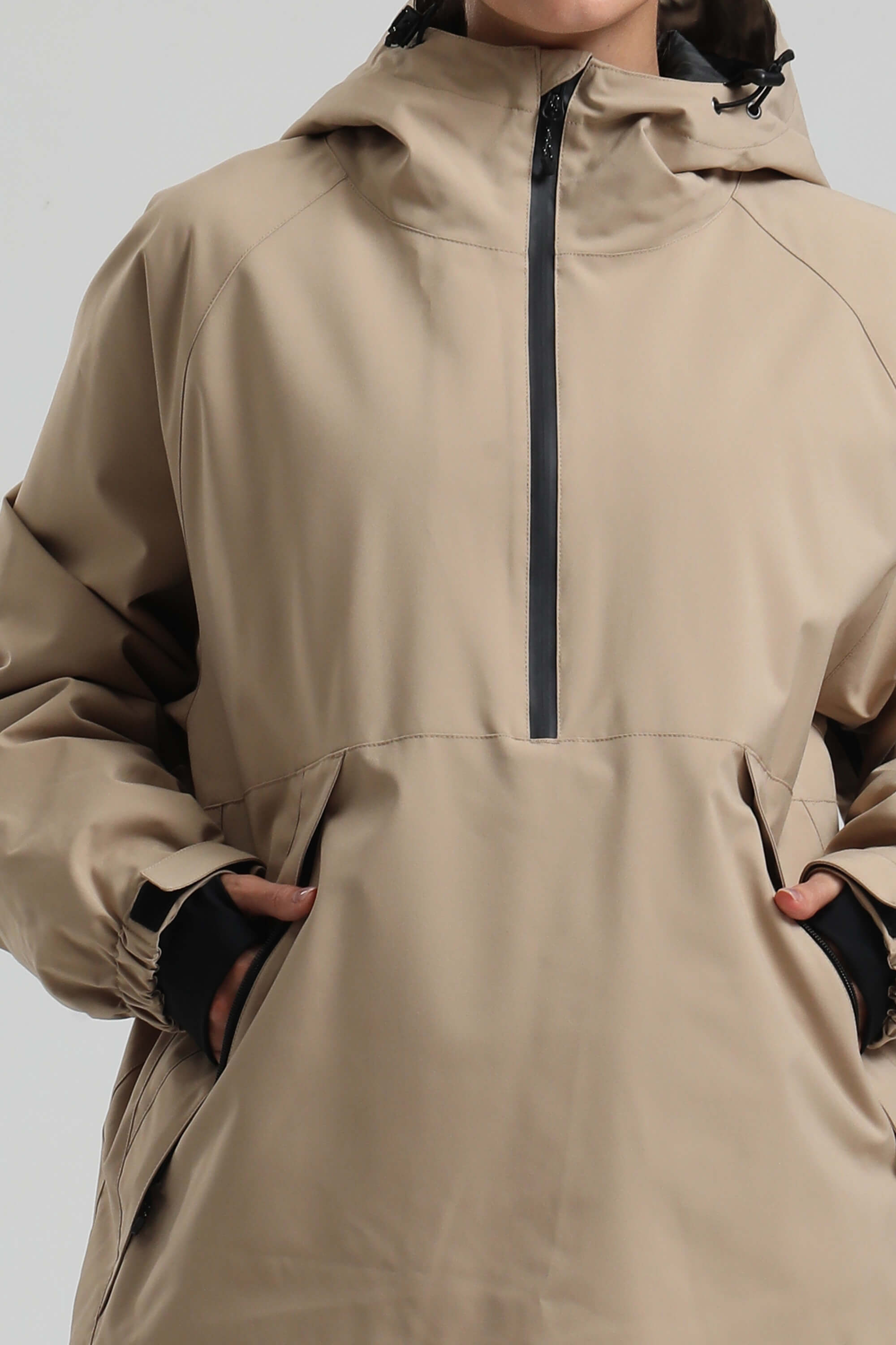 Women's Khaki Minimalist Half-Zip Waterproof Insulated Snow Anorak