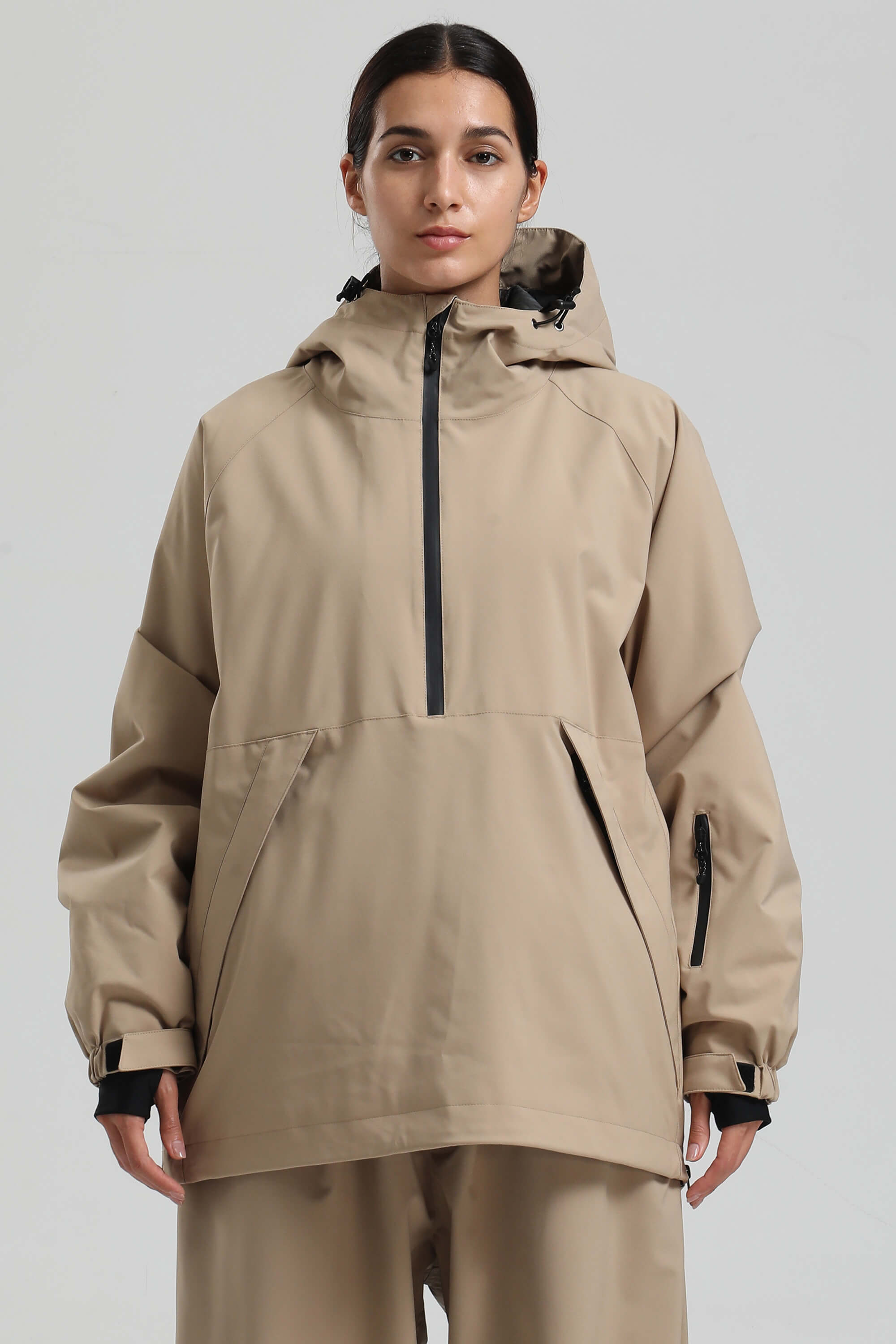 Women's Khaki Minimalist Half-Zip Waterproof Insulated Snow Anorak