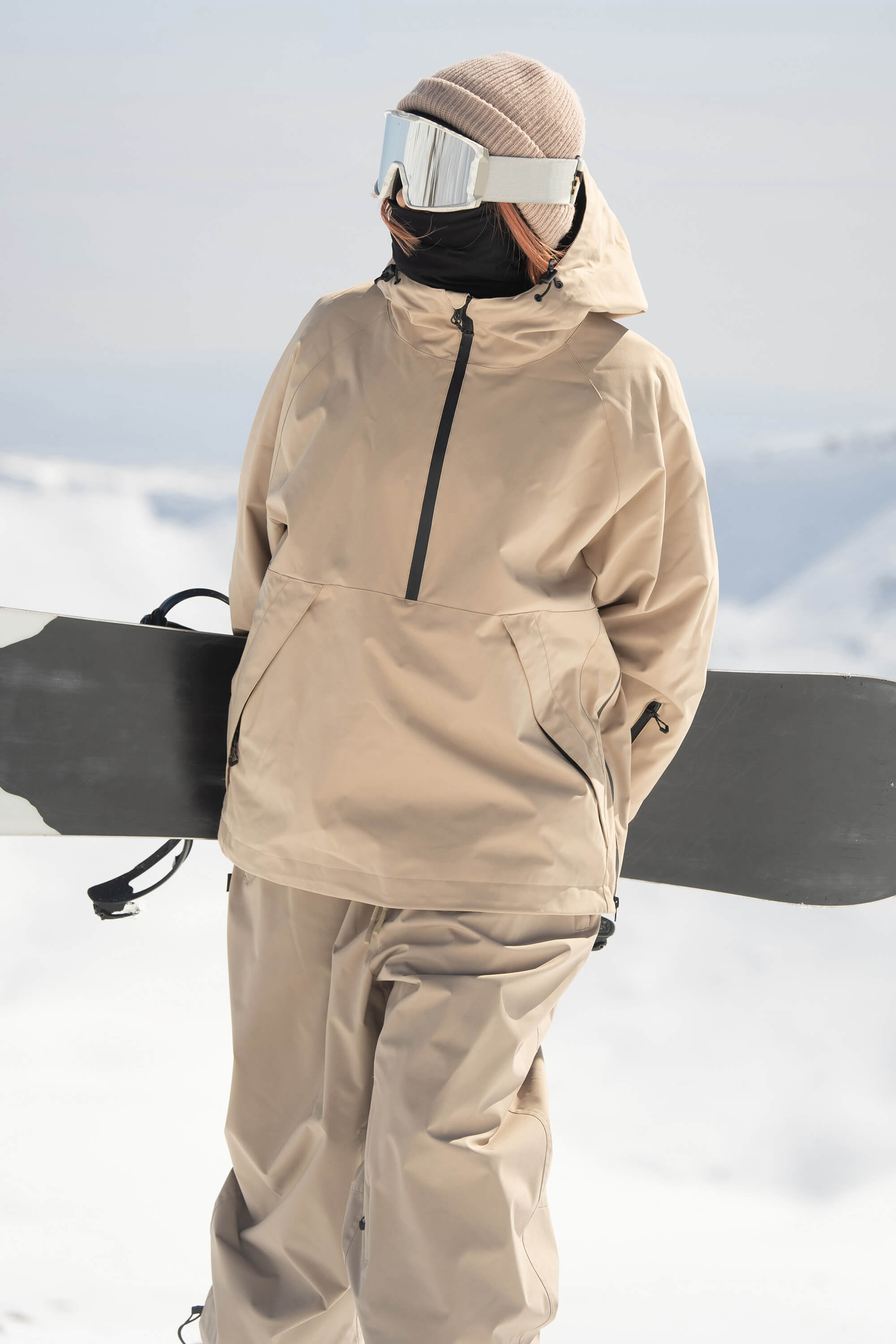 Women's Khaki Minimalist Half-Zip Waterproof Insulated Snow Anorak