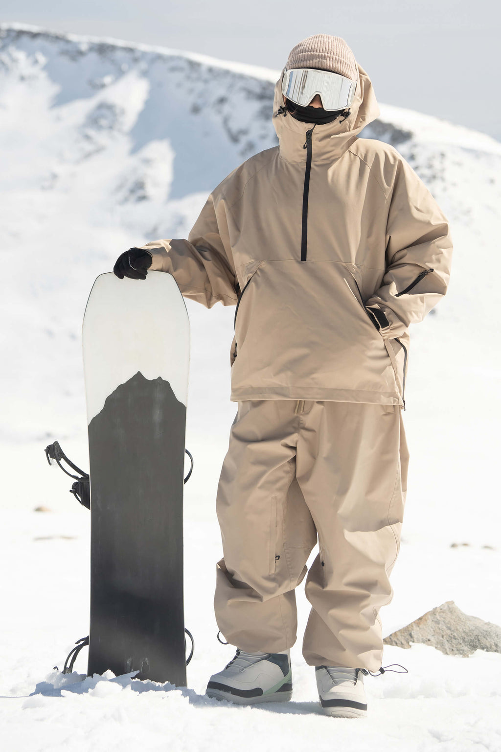 Women's Khaki Minimalist Half-Zip Waterproof Insulated Snow Anorak