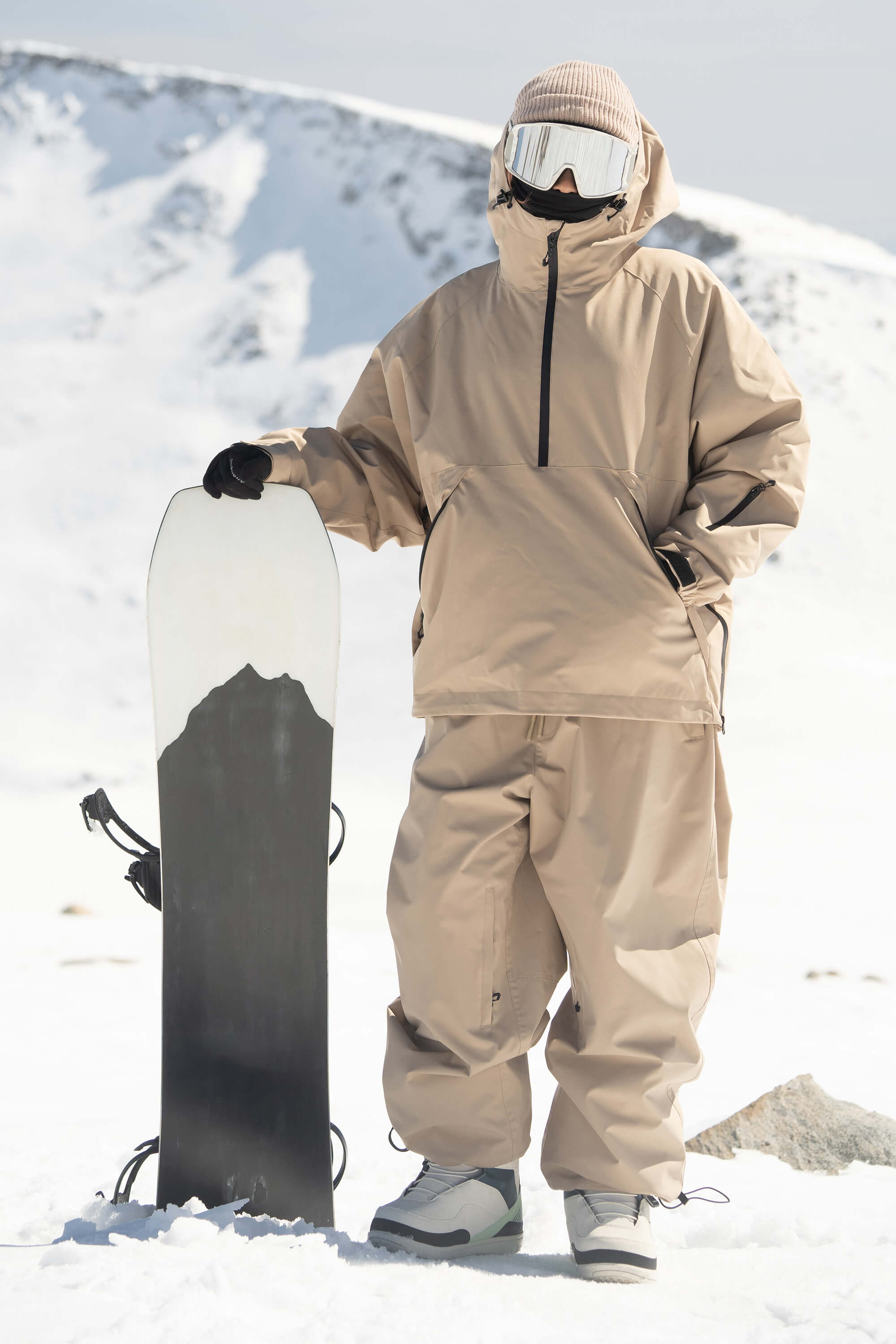 Women's Khaki Minimalist Half-Zip Waterproof Insulated Snow Anorak