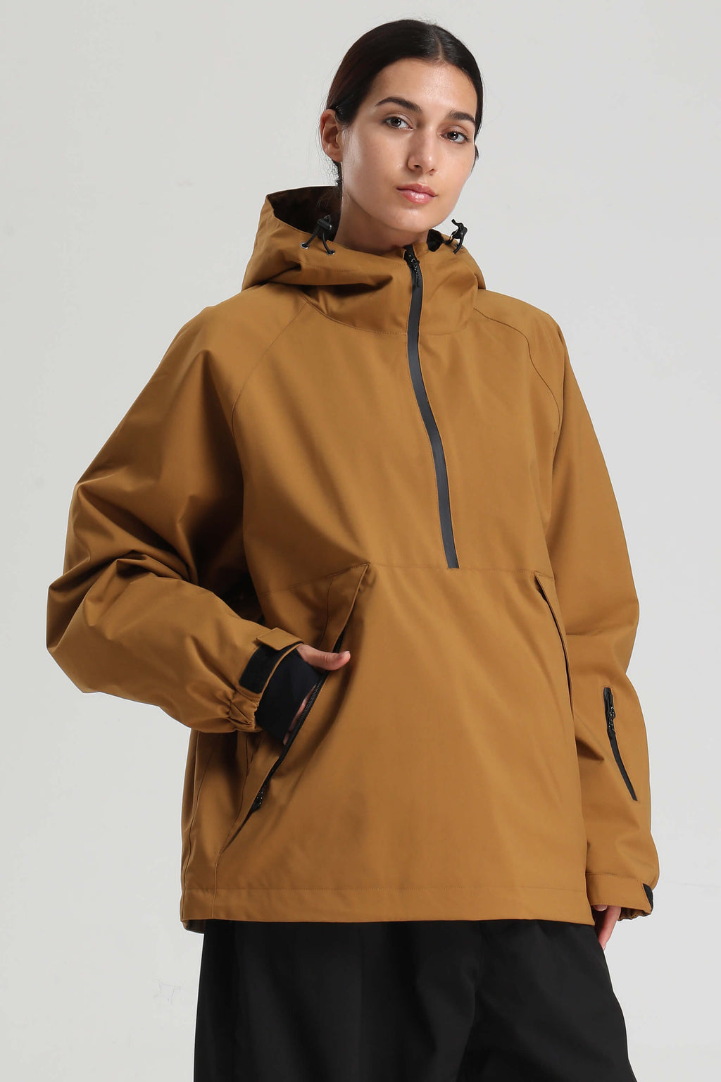Women's Khaki Minimalist Half-Zip Waterproof Insulated Snow Anorak