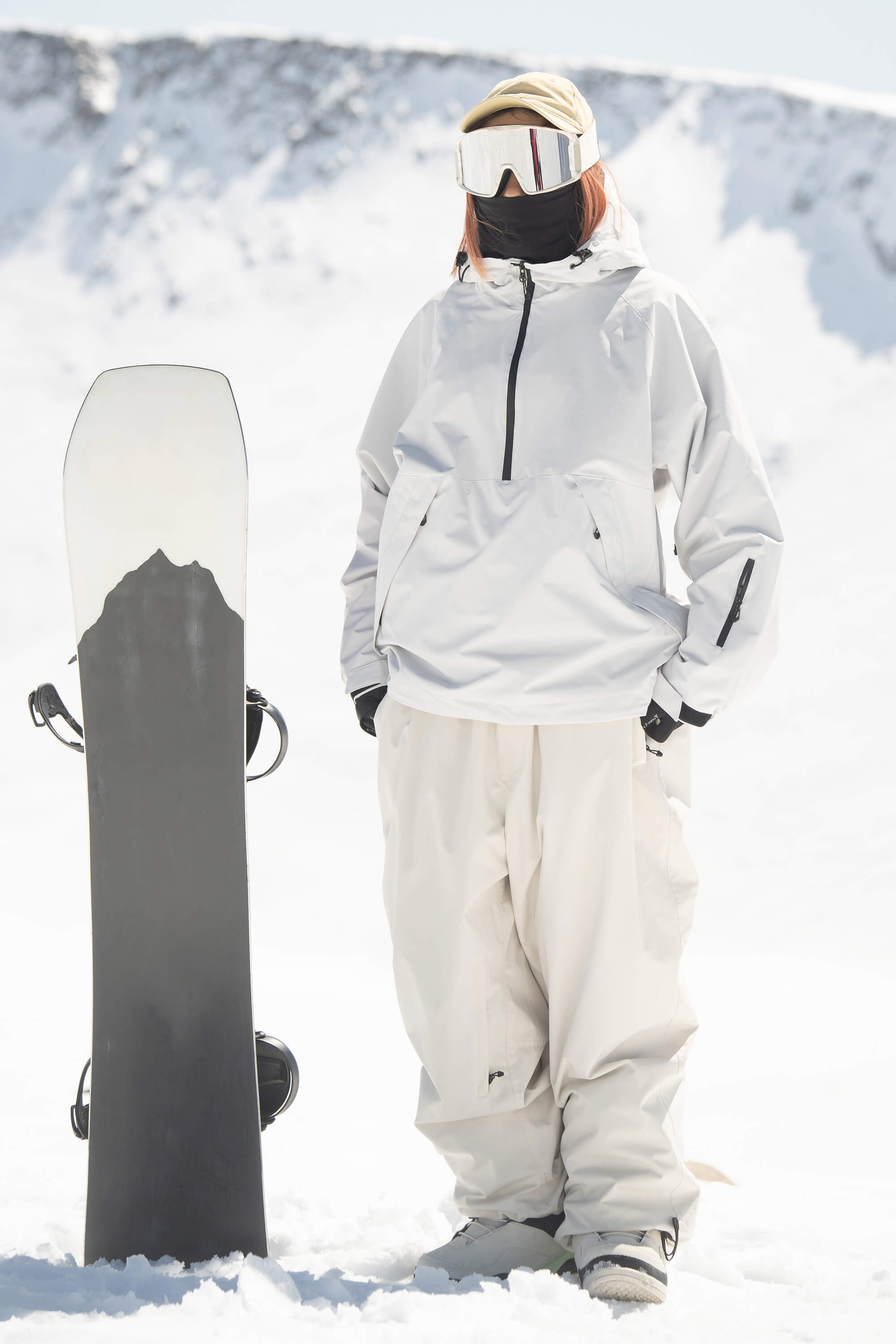 Women's Light Grey Minimalist Half-Zip Waterproof Insulated Snow Anorak